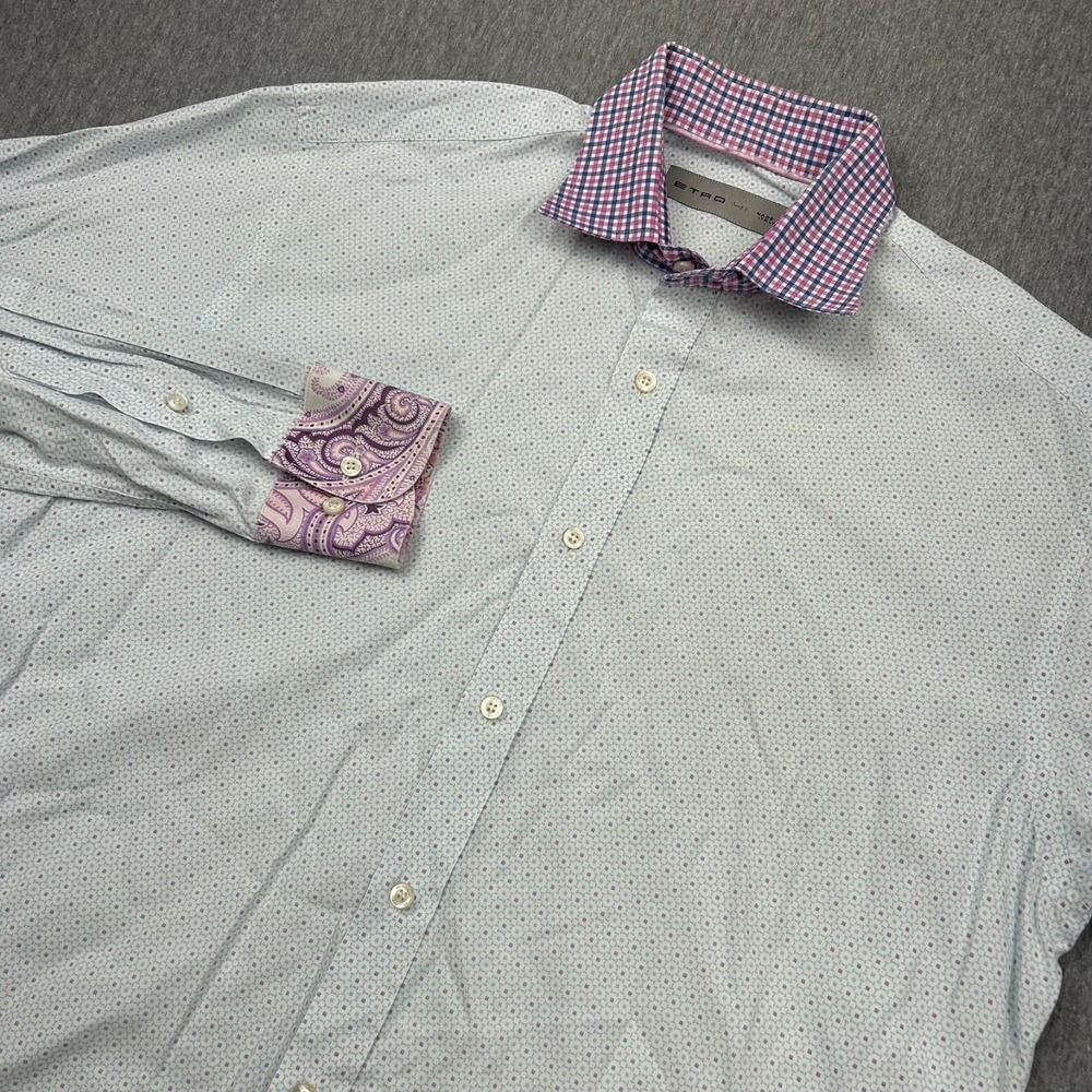 Etro Button Up Long Sleeve Shirt Mens 41 Large Blue Purple Contrast Patterns